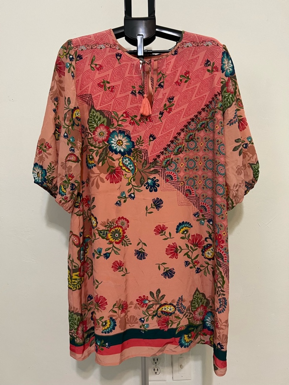 Johnny Was Floral Peach Boho Short Sleeve Tunic Top